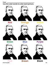 Free Presidents' Day William H Harrison coloring page and color worksheet for preschoolers to learn colors, printable PDF