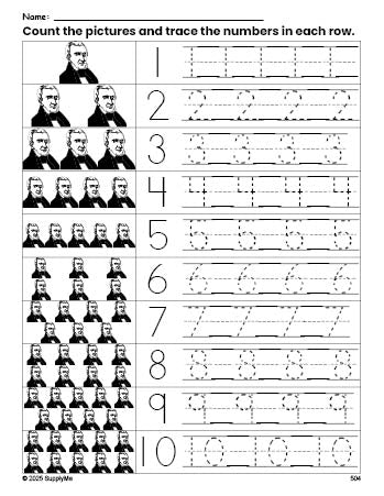 Free printable Presidents' Day William H Harrison counting worksheet for preschool and pre-k with number tracing practice 1-10, PDF