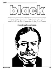 Free Presidents' Day William Howard Taft color black coloring page and color worksheet, black worksheet for preschoolers to learn colors, printable PDF