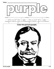 Free Presidents' Day William Howard Taft color purple coloring page and color worksheet, purple worksheet for preschoolers to learn colors, printable PDF