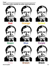 Free Presidents' Day William Howard Taft coloring page and color worksheet for preschoolers to learn colors, printable PDF