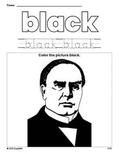 Free Presidents' Day William Mckinley color black coloring page and color worksheet, black worksheet for preschoolers to learn colors, printable PDF