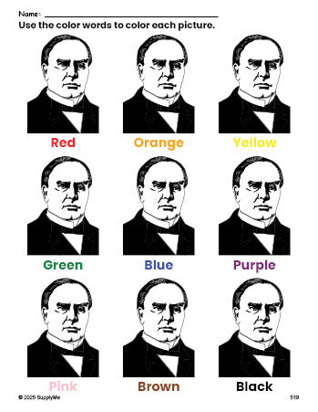 Free Presidents' Day William Mckinley coloring page and color worksheet for preschoolers to learn colors, printable PDF