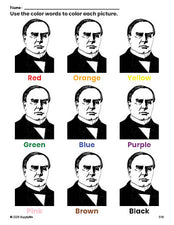 Free Presidents' Day William Mckinley coloring page and color worksheet for preschoolers to learn colors, printable PDF