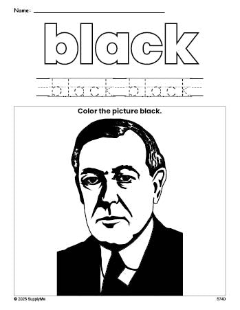 Free Presidents' Day Woodrow Wilson color black coloring page and color worksheet, black worksheet for preschoolers to learn colors, printable PDF