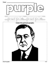 Free Presidents' Day Woodrow Wilson color purple coloring page and color worksheet, purple worksheet for preschoolers to learn colors, printable PDF