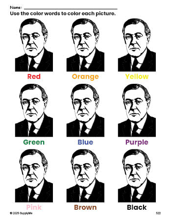 Free Presidents' Day Woodrow Wilson coloring page and color worksheet for preschoolers to learn colors, printable PDF