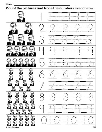 Free printable Presidents' Day Woodrow Wilson counting worksheet for preschool and pre-k with number tracing practice 1-10, PDF