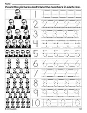 Free printable Presidents' Day Woodrow Wilson counting worksheet for preschool and pre-k with number tracing practice 1-10, PDF