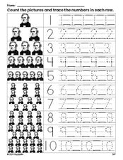 Free printable Presidents' Day Zachary Taylor counting worksheet for preschool and pre-k with number tracing practice 1-10, PDF