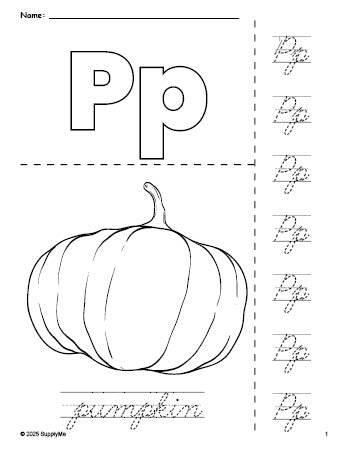 Free printable pumpkin fall coloring page and cursive letter tracing worksheet, letter p worksheet for preschool, pre-k, and kindergarten, PDF