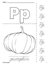 Free printable pumpkin fall coloring page and cursive letter tracing worksheet, letter p worksheet for preschool, pre-k, and kindergarten, PDF