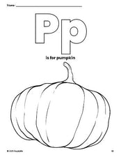 Free printable pumpkin fall coloring page, letter p coloring page for preschool, pre-k, and kindergarten, PDF