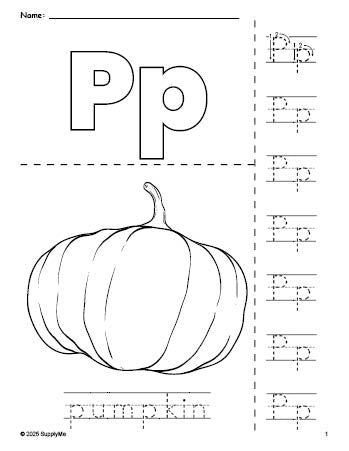 Free printable pumpkin fall coloring page and letter tracing worksheet, letter p worksheet for preschool, pre-k, and kindergarten, PDF