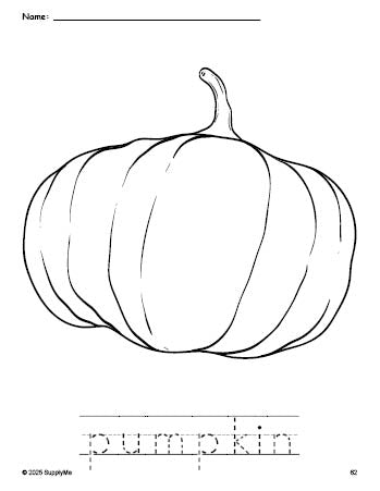 Free printable pumpkin fall coloring page and word tracing worksheet, perfect for preschool, pre-k, and kindergarten, PDF