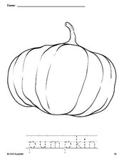 Free printable pumpkin fall coloring page and word tracing worksheet, perfect for preschool, pre-k, and kindergarten, PDF