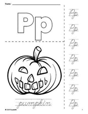 Free printable pumpkin Halloween coloring page and cursive letter tracing worksheet, letter p worksheet for preschool, pre-k, and kindergarten, PDF