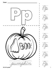 Free printable pumpkin Halloween coloring page and cursive letter tracing worksheet, letter p worksheet for preschool, pre-k, and kindergarten, PDF