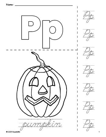 Free printable pumpkin Halloween coloring page and cursive letter tracing worksheet, letter p worksheet for preschool, pre-k, and kindergarten, PDF