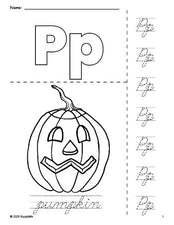 Free printable pumpkin Halloween coloring page and cursive letter tracing worksheet, letter p worksheet for preschool, pre-k, and kindergarten, PDF