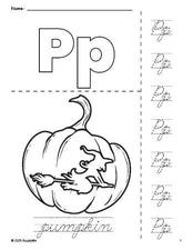 Free printable pumpkin Halloween coloring page and cursive letter tracing worksheet, letter p worksheet for preschool, pre-k, and kindergarten, PDF