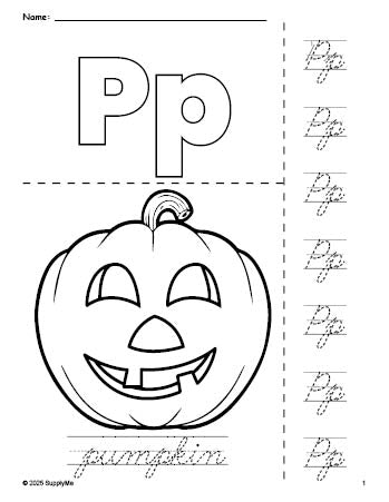 Free printable pumpkin Halloween coloring page and cursive letter tracing worksheet, letter p worksheet for preschool, pre-k, and kindergarten, PDF