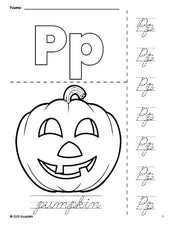 Free printable pumpkin Halloween coloring page and cursive letter tracing worksheet, letter p worksheet for preschool, pre-k, and kindergarten, PDF