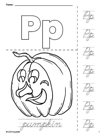 Free printable pumpkin Halloween coloring page and cursive letter tracing worksheet, letter p worksheet for preschool, pre-k, and kindergarten, PDF