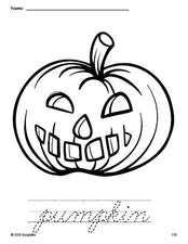 Free printable pumpkin Halloween coloring page and cursive word tracing worksheet, perfect for preschool, pre-k, and kindergarten, PDF