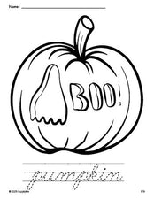 Free printable pumpkin Halloween coloring page and cursive word tracing worksheet, perfect for preschool, pre-k, and kindergarten, PDF