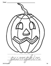 Free printable pumpkin Halloween coloring page and cursive word tracing worksheet, perfect for preschool, pre-k, and kindergarten, PDF