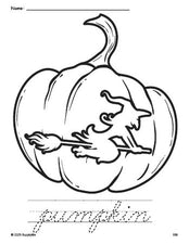 Free printable pumpkin Halloween coloring page and cursive word tracing worksheet, perfect for preschool, pre-k, and kindergarten, PDF