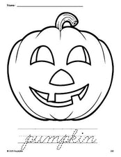 Free printable pumpkin Halloween coloring page and cursive word tracing worksheet, perfect for preschool, pre-k, and kindergarten, PDF