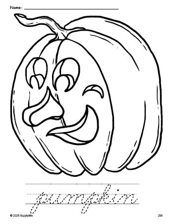 Free printable pumpkin Halloween coloring page and cursive word tracing worksheet, perfect for preschool, pre-k, and kindergarten, PDF