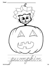 Free printable pumpkin Halloween coloring page and cursive word tracing worksheet, perfect for preschool, pre-k, and kindergarten, PDF