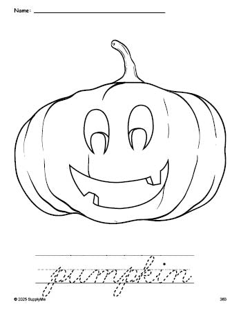 Free printable pumpkin Halloween coloring page and cursive word tracing worksheet, perfect for preschool, pre-k, and kindergarten, PDF