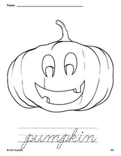 Free printable pumpkin Halloween coloring page and cursive word tracing worksheet, perfect for preschool, pre-k, and kindergarten, PDF