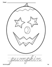 Free printable pumpkin Halloween coloring page and cursive word tracing worksheet, perfect for preschool, pre-k, and kindergarten, PDF