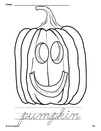 Free printable pumpkin Halloween coloring page and cursive word tracing worksheet, perfect for preschool, pre-k, and kindergarten, PDF