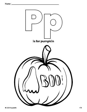 Free printable pumpkin Halloween coloring page, letter p coloring page for preschool, pre-k, and kindergarten, PDF