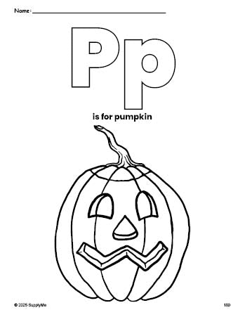 Free printable pumpkin Halloween coloring page, letter p coloring page for preschool, pre-k, and kindergarten, PDF