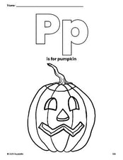 Free printable pumpkin Halloween coloring page, letter p coloring page for preschool, pre-k, and kindergarten, PDF