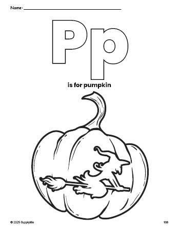 Free printable pumpkin Halloween coloring page, letter p coloring page for preschool, pre-k, and kindergarten, PDF