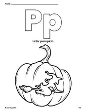 Free printable pumpkin Halloween coloring page, letter p coloring page for preschool, pre-k, and kindergarten, PDF