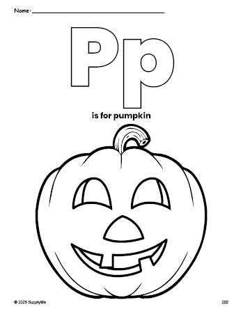 Free printable pumpkin Halloween coloring page, letter p coloring page for preschool, pre-k, and kindergarten, PDF