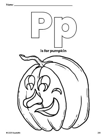 Free printable pumpkin Halloween coloring page, letter p coloring page for preschool, pre-k, and kindergarten, PDF