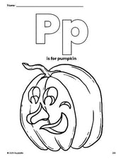 Free printable pumpkin Halloween coloring page, letter p coloring page for preschool, pre-k, and kindergarten, PDF