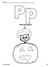 Free printable pumpkin Halloween coloring page, letter p coloring page for preschool, pre-k, and kindergarten, PDF