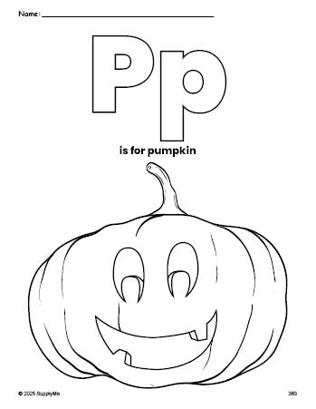 Free printable pumpkin Halloween coloring page, letter p coloring page for preschool, pre-k, and kindergarten, PDF