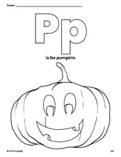 Free printable pumpkin Halloween coloring page, letter p coloring page for preschool, pre-k, and kindergarten, PDF